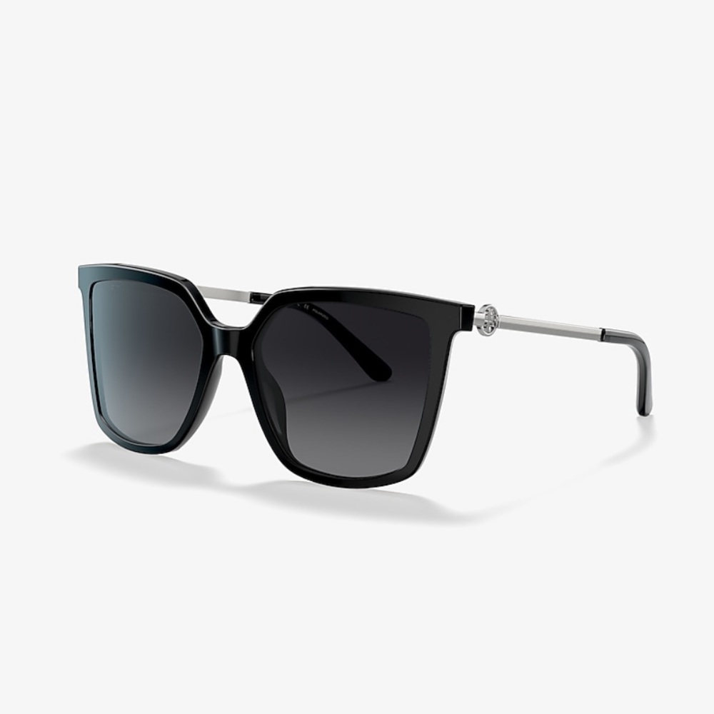 NWT Tory Burch Black Grey Polarized Miller Square Sunglasses TY7146